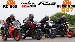 KTM Duke 200 BS7 vs KTM RC200 vs Bajaj RS200 vs Yamaha R15M Drag Race