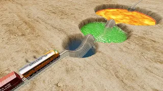 Water and Acid and Lava Pothole Rail Tracks VS Trains - BeamNG.Drive