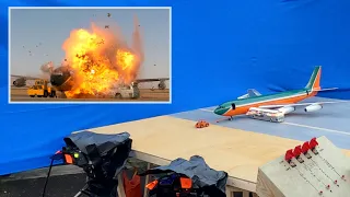 Airliner crash and explosion after deep impact with a bus. Behind the scenes with 1:43 miniatures