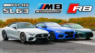 Audi R8 vs AMG SL 63 vs BMW M8 :DRAG RACE