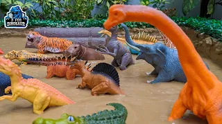 Jurassic World Monster Dinosaurs and African Wild Animals Stuck in Mud