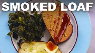 Smoked meatloaf with smoked potatoes and greens