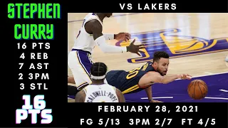 Stephen Curry 16 PTS, 4 REB, 7 AST, 2 3PM, 3 STL - Warriors vs Lakers - February 28, 2021