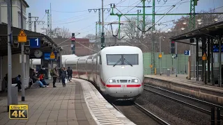 Lehrte Bahnhof - DB ICE, IC, RB and Freight trains - Heavy rain evening at railway station [4K]