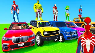 SPIDERMAN CARS Monster Trucks MEGA Sea Ramp Challenge ! SUPERHEROES JET MOTOS Car Epic RACE - GTA V