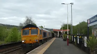 66736 with a tone working hard through Sowerby Bridge on 6M59 Doncaster DD to Collyhurst St 27.04.22