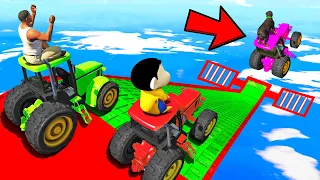 SHINCHAN AND FRANKLIN TRIED TRACTOR MEGA RAMP CRAZY RACE JUMP CHALLENGE BY CARS BIKES TRUCKS GTA 5