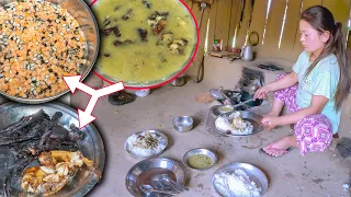 Buff Dry meat & Lentils mix curry With Rice Cooking, Eating in Village Kitchen | Nepali Village food