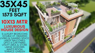 35X45 Feet | 1575 sqft Luxurious House Design with Stepped Entry | 150 Gaj | 10X13.7 Mtr. | ID-107