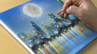 Full Moon Cityscape Painting / Acrylic Painting for Beginners / STEP by STEP