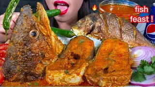 MASSIVE FISH FEAST! BIG FISH HEAD CURRY, MASALA FISH FRY, CHILI, RICE ASMR Eating Sounds