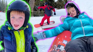 Payton's first time Snowboarding! Kayson Learns to Ski