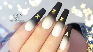 Designer logo nails. How to do black ombre nails. Black and white ombre nail art.