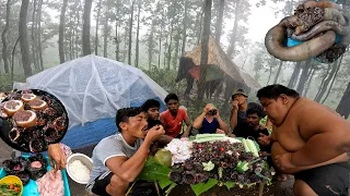 Pork Intestine Mukbang ! Pig Intestine Cooking and Eating in Forest Camping Challenge in Heavy Rain