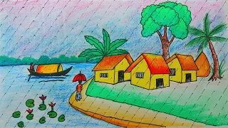 Rainy Day scenery drawing with oil pastel || Monsoon scenery drawing #art @FarjanaDrawingAcademy