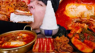 ASMR 얼큰한 차돌순두부찌개 & 스팸구이 & 제육볶음 & 김치 & 밥적당히 먹방  EVEREST MOUNTAIN RICE & SPICY STEW & KIMCHI MUKBANG