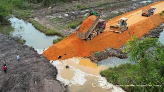 Amazing Powerful Dump Trucks Unloading Soil & Dozer Pushing Building New Road Connection Processing