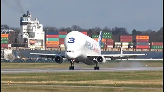 Aircraft vs Ship | Super Transporter AIRBUS Beluga landing directly in front of a container ship 4K