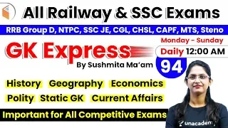 12:00 AM - All Railway & SSC Exams | GK by Sushmita Ma'am | Important GK Questions (Day-94)