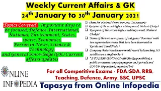 One-liners 24th Jan to 30th January 2021 Current Affairs - 5th Week current affairs January 2021