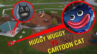 DRONE CATCHES CARTOON CAT & HUGGY WUGGY FROM POPPY PLAY TIME AT HAUNTED PARK! (WE FOUND THEM!)