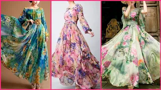 chiffon floral print long gown dress //floral print long maxi dresses //summer chiffon long dress