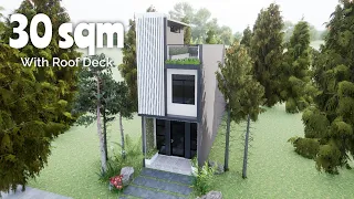 3x10 meters (30 sqm), Small House Design with 2 Bedrooms and Roof Deck (9.8x32.8 ft, 322.9 sqft)