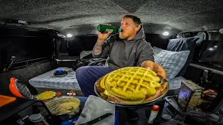 Truck Camping In The Rain - Waffle Sandwiches