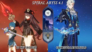 NEW 4.1 Spiral Abyss | Hu Tao Duo & Neuvillette Solo | Floor 12 9★ | Genshin Impact