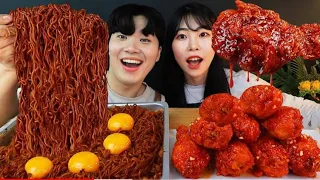 MUKBANG ASMR TRUFFLE OIL BLACK BEAN NOODLES &  FRIED CHICKEN WINGS SOUND!❤️@gongsam_table203