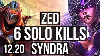 ZED vs SYNDRA (MID) | 9/0/4, 6 solo kills, 1.4M mastery, Legendary, 600+ games | KR Master | 12.20