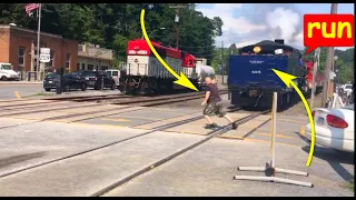 OMG Crazy people trying to cross tracks infront of speeding train! Why risk your life so much?!