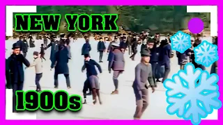 🟢 New York WINTER and SNOW ❄️ in 1900's in color [60fps, Remastered] w/added sound