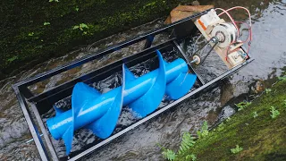 Mini hydroelectric with screw turbine system. Free electrical energy science project