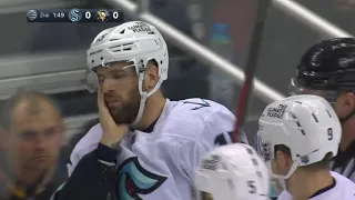 Riley Sheahan takes puck in the face