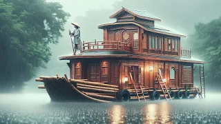 Young Man Building Air Valve For Houseboat On Lake In Rain#houseboat #architecture