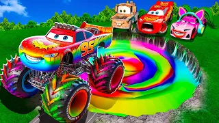 Rainbow Pit Transform In Big & Small:McQueen Supercar & Mater vs  Pixar Cars! Beam.NG Drive!