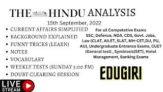 The Hindu Analysis 15th September 2022 For beginners/Editorial/Vocab CDS/CUET/CLAT/NDA/LLB/SET/SSC