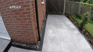 grey porcelain patio with block paving edging   4K