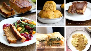 VEGAN THANKSGIVING RECIPES Chickpea Loaf, Pumpkin soup, Rolls, Spinach Pie, mashed potatoes + gravy