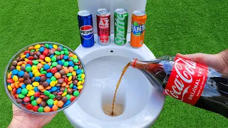 Experiment !! M&M Candy VS Big Coca Cola, Pepsi, Fanta, Sprite, Popular Sodas and Mentos in toilet