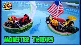 Monster Trucks Watermelon Boats in the Swimming Pool