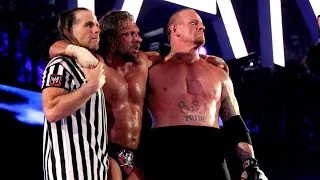 Undertaker, Triple H and Shawn Michaels walk together after End of an Era Match: WrestleMania 28