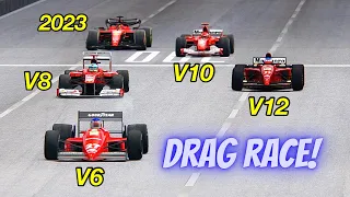 Ferrari F1 2023 vs V6, V8, V10, V12 Ferrari F1 Engine - Mega Drag Race 20 KM