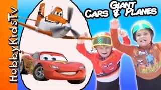 Giant CARS + PLANES Surprise Egg + HobbyKids have a Boat Race!