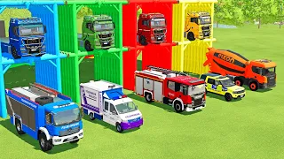 TRANSPORTING EXCAVATOR, MIXER TRUCK, BULLDOZER, POLICE CARS TO GARAGE WITH MAN TRUCK - FS22