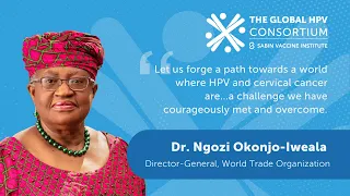 Director-General of the WTO Ngozi Okonjo-Iweala speaks at the launch of the Global HPV Consortium