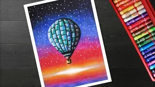 Hot Air Balloon landscape Scenery drawing with oil pastels for beginners step by step