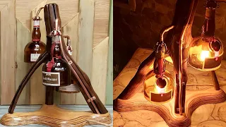 Lampara rustica de tronco y botella 👏 / diy rustic table lamp