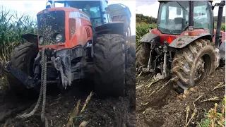 Tractors stuck. Mx200,Massey Ferguson 7495. Corn chopping in the mud